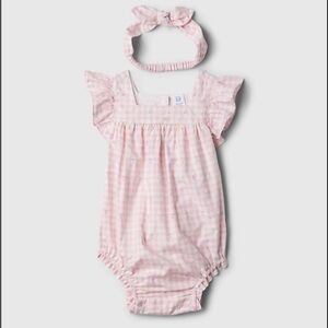 GAP Light Pink Checkered Gingham Baby Romper & Headband
